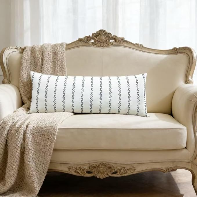 Slow Cow Linen Embroidery Rectangular Throw Pillow Cover Stripe Lumbar Cushion Cover for Couch Sofa 12 x 33 Inches Grey