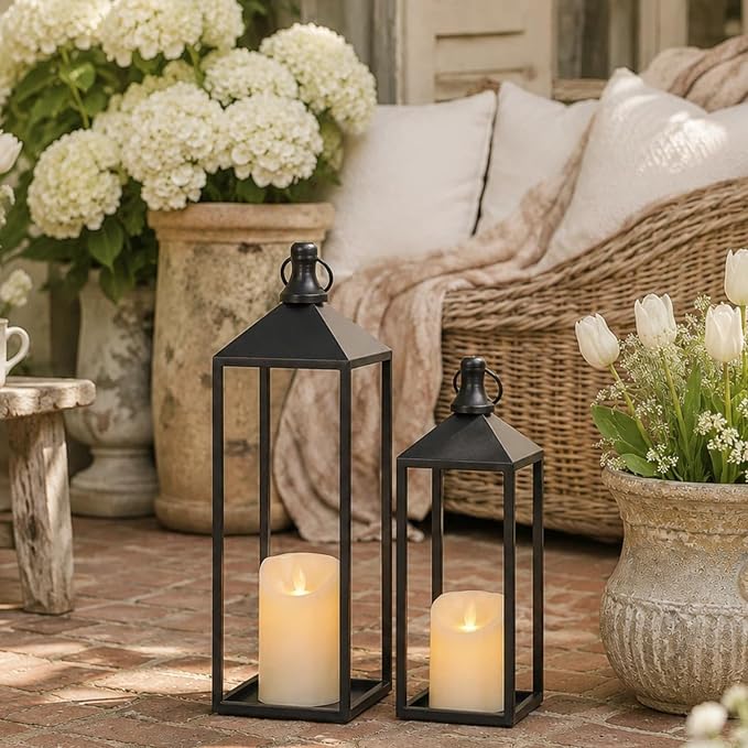Lanterns Decorative Outdoor Indoor, 17" 13" Set of 2 Black Candle Lanterns | No Glass Metal Outdoor Lantern for Porch, Patio, Mantel, Fireplace, Home Decor, Modern Farmhouse Lantern Decor