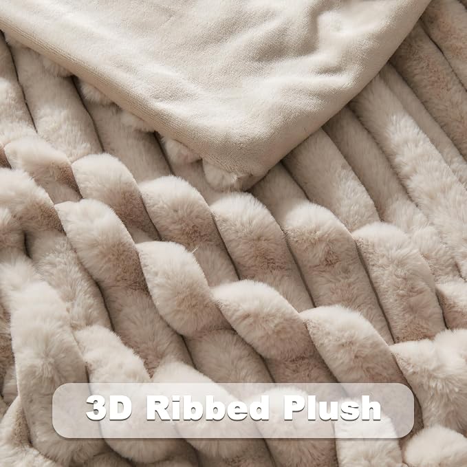 NEWCOSPLAY Faux Fur Ribbed Throw Blanket for Couch, Linen, 50"x60" | Plush Soft Thick Warm Blanket for Couch Sofa Bed 850GSM, Fluffy Cozy Luxury Decorative Throw, Gift for Women Men