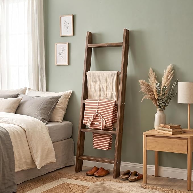 MyGift 4ft Tall Rustic Burnt Natural Wood Wall Leaning Blanket Ladder Shelf with 5 Rungs, Decorative Living Room Throw and Quilt Holder, Farmhouse Bedroom Decor | Five Tier Design, Space Saving Display, Living Room Cozy Home Accent, Decorative Organiza...