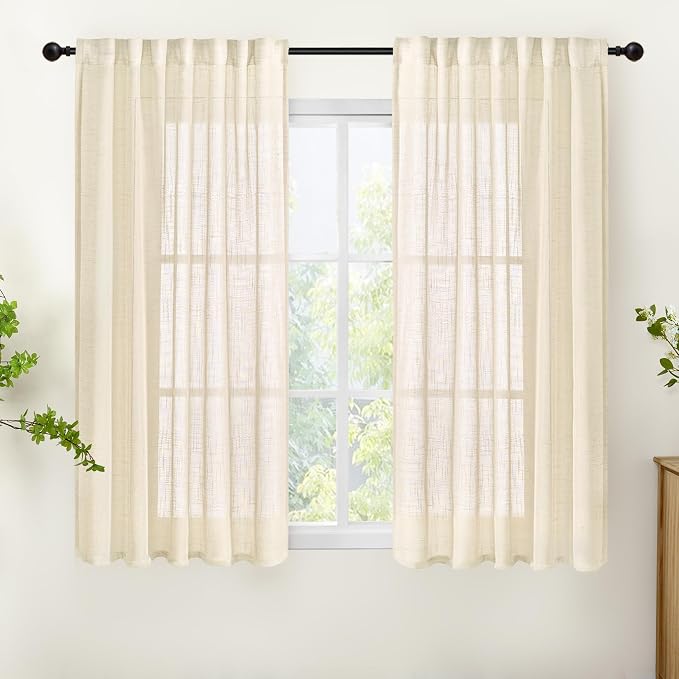 YoungsTex Beige Cream Linen Semi Sheer Curtains 45 Inch Length 2 Panels, Short Rustic Window Drapes Textured Light Filtering with Rod Pocket Back Tab for Bathroom Bedroom, 42 X 45 Inch