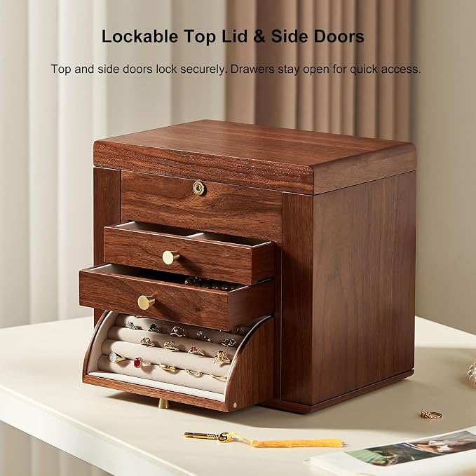 Black Walnut Wooden Jewelry Box for Women, 4 Layer | With Mirror, Lockable Top Lid & Side Doors, Velvet-Lined, Large Wood Jewelry Organizer For Watch Necklace Ring Earring, Gift