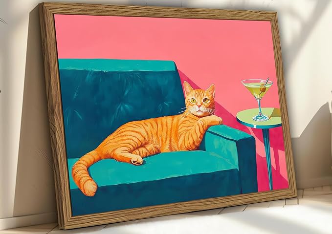 Funny Cat Wall Art Orange Cat With Martini Wall Decor Painting Whimsical Animal Cocktail Bar Cart Poster Canvas Prints Quirky Pet Lover Picture for Bedroom Living Room Wood Framed 16x24 inch