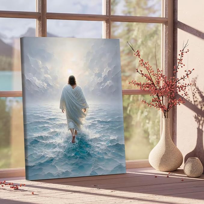 AUUAUU Jesus Walks on Water Wall Art Christian Canvas Painting 12x16 Inches | Religious Picture Canvas Prints Bible Stories Artwork Wall Decor for Living Room Bedroom Prayer Room Ready to Hang
