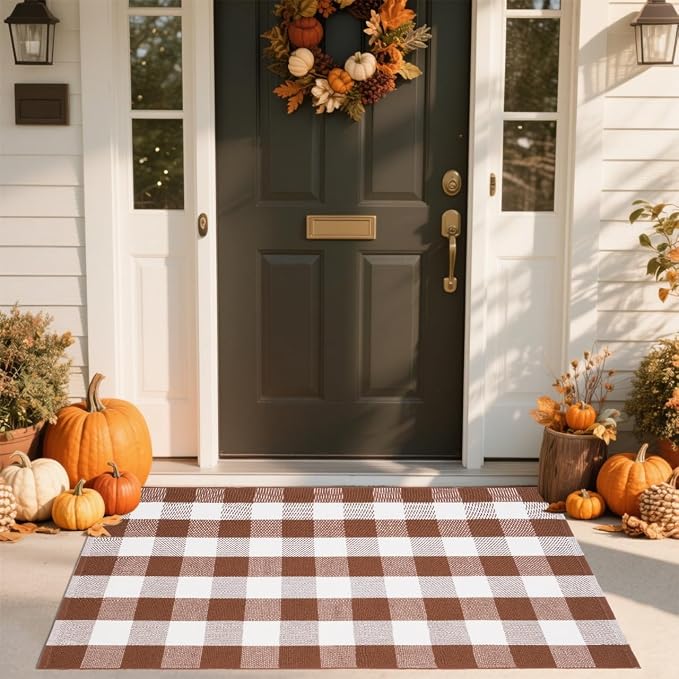 Buffalo Plaid Area Rug 3x5 Ft, Brown White Indoor Outdoor Rug | Cotton Blend, Brown White Checkered, Machine Washable, Front Porch Entryway, Kitchen Bathroom