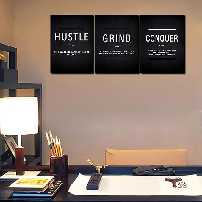 KAWAHONE Inspiration Canvas Wall Art Large, Grind Hustle Conquer Quotes Poster Framed Success Painting Picture Wall Sign for Home Office Workplace Wall Hanging- 24" Wx36 Hx3Piece