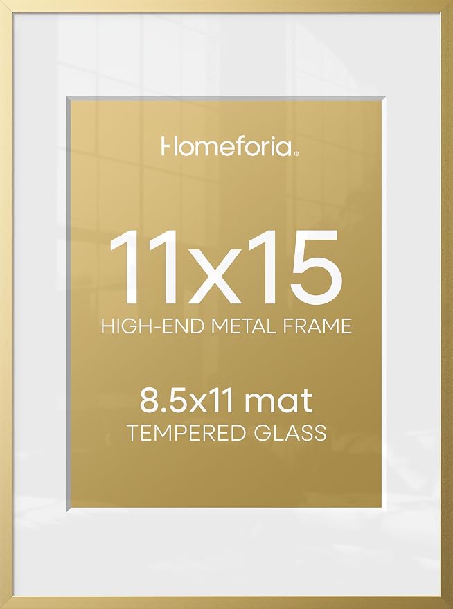 Homeforia 11x15 Gold Picture Frame, High-End Metal, 8.5x11 Mat, Glass