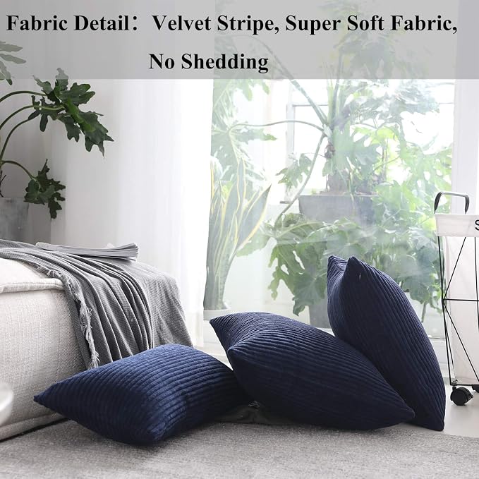 Home Brilliant Set of 2 Decorative Pillows for Couch Pillow Protectors for Sofa, Stripes Velvet, 40x40 cm, 16 x 16 Inch, Navy Blue