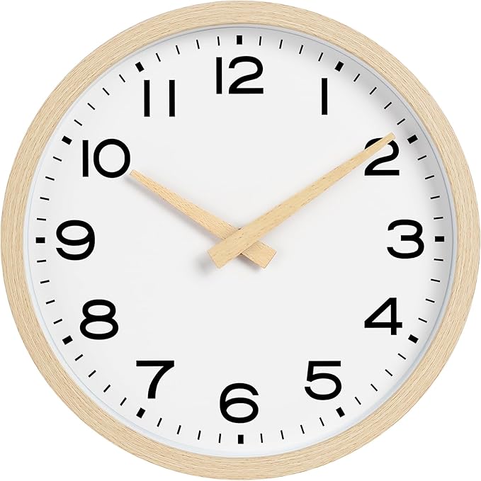 AKCISOT 12 Inch Wall Clock, Silent Battery Operated Analog Clock, Natural | Office | Kitchen | Living Room | Classroom | Easy-to-read Numbers