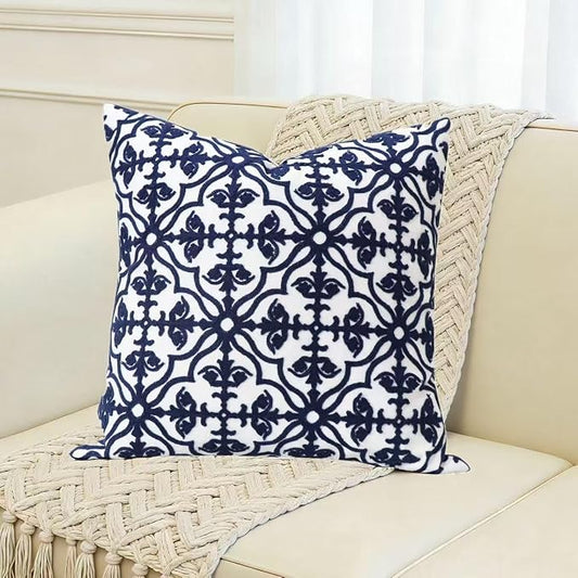 Slow Cow Throw Pillow Cover Navy Blue Embroidery Canvas Throw Pillow Cover for Couch Bed Sofa Navy Geometric Cushion Cover 18 x18 Inches