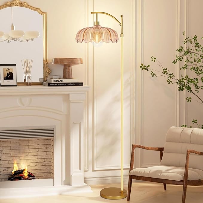 AHDWDW Gold Arc Floor Lamp for Living Room Bedroom,Adjustable Unique Modern Floor Lamps with Remote,Vintage Glass Standing Lamp with Dimmable Bulb,Bright Flower Brass Tall Lamp for Corner Office