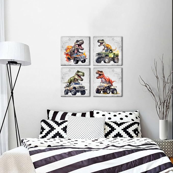 4 Pieces Dinosaur Wall Art Kids Boys Bedroom Wall Decor Dino Monster Truck Pictures for Playroom Colorful Dinosaur Paintings Cute Animals Posters Artwork Bathroom Home Decorations Toddler Gifts 16x16”