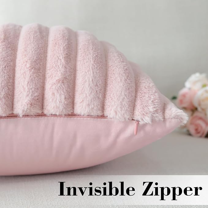 Soleebee Set of 2 Throw Pillow Covers Soft Cozy Velvet Pillowcase Faux Rabbit Fur Cover for Couch Sofa Bed Chair Home Decorative Pillows Cover (18x18 Inch, Blush Pink)