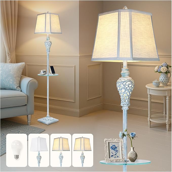 Vintage Floor Lamp with Night Light and Glass Tray, Washed Blue Finish