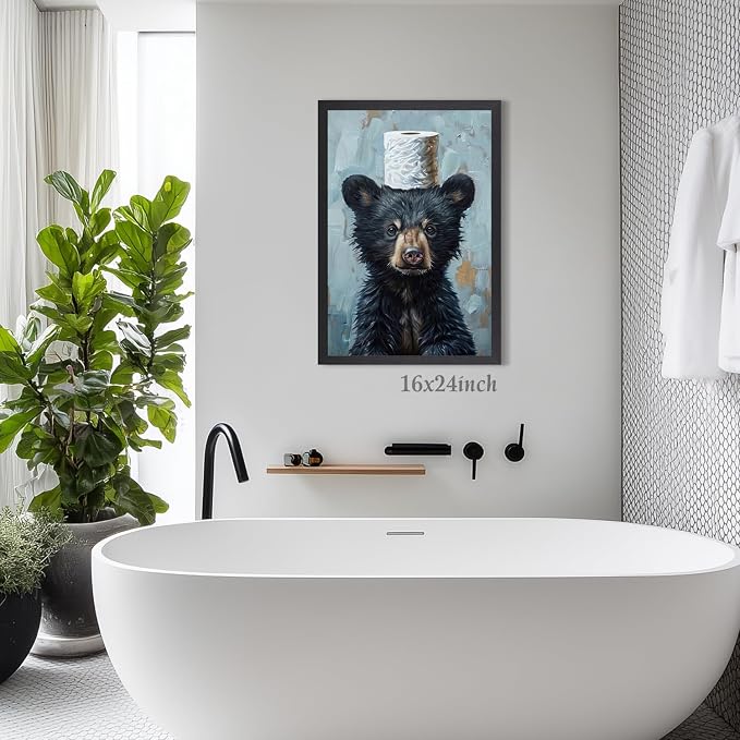 LLEEMPI Funny Black Bear Toilet Paper Bathroom Wall Art,16x24 Framed Print | Vintage blue and black rustic humor decor for restroom, hallway or cabin; housewarming gift for bear and animal lovers.