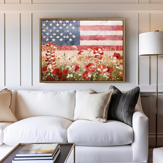 American Flag Framed Canvas Wall Art, 4th of July Patriotic Canvas Prints | Wildflower Meadow Landscape Poster Print, Vintage Rustic Independence Day Wall Decor for Bedroom Living Room 16×20in
