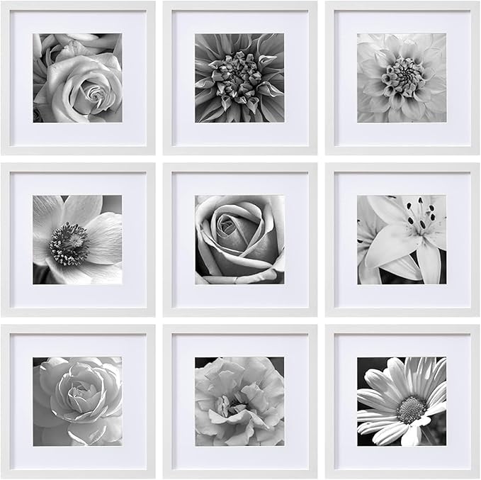 eletecpro Picture Frames Set of 9, 12x12 in, Acrylic Cover, White | Display Photo 8x8 with Mat or 12x12 without, Square Gallery Collage, Wall Mount, Minimalist Home Decor, Engineered Wood