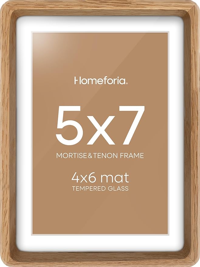 Homeforia 5x7 Mortise&Tenon Natural Oak Picture Frame, 4x6 Mat, Glass