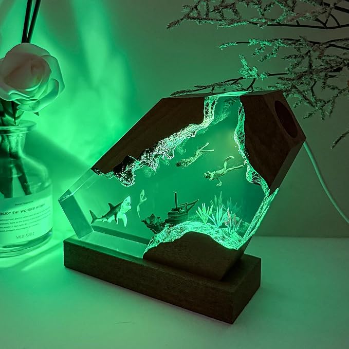 Shark Resin Lamp, Scuba Diving Gifts Resin Ocean Lamp,Handmade Shark Decor Nightlight with Wooden Base, RGB LED Lights,Gifts for Mother'sDay, Valentine's Day,Birthday Holiday (L 10"X6")