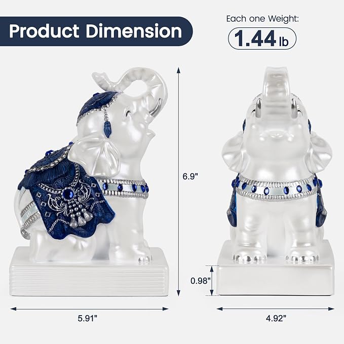 Elephant Bookends for Shelves, Decorative Bookends, Book Holders with Anti-Slip Pad for Book Lovers Heavy Book Stopper for Home Office Decor (Blue&White)