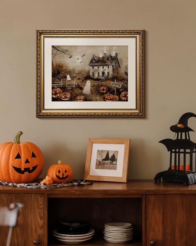 Vintage Gold Framed Spooky Halloween Wall Art, 13x16 Haunted House Jack-o’-Lanterns Bats Canvas Painting Print, Ghosts Pumpkins Halloween Picture Holiday Home Room Atmospheric Decor