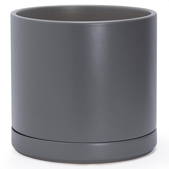 D'vine Dev 14 Inch Ceramic Planter Pot, Grey, 94-O-G-3 | Modern Cylinder Design, Drainage Hole & Saucer Included, Stable Structure, Elegant Home Accent