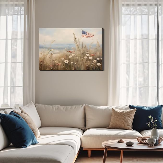 Framed American Flag Wildflower Field Wall Art, Patriotic Rustic Canvas Art Pictures, USA Flag Coastal Meadow Wall Decor, Made in USA Ready to Hang for Living Room Bedroom