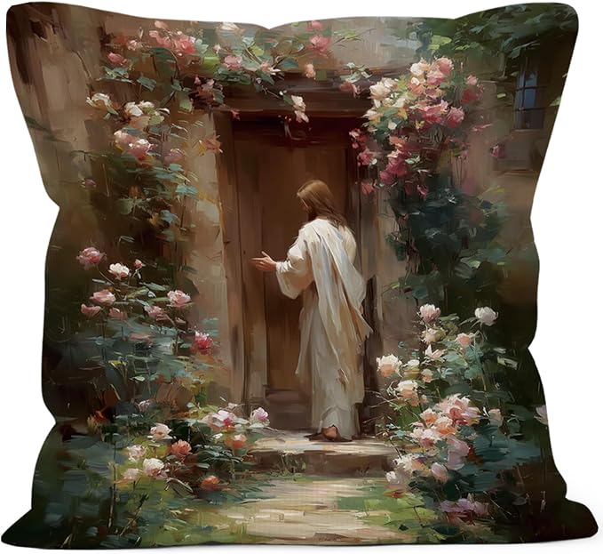 Christian Jesus Throw Pillow Covers Gifts 18x18, Vintage Religious Decor Pillow Cases for Bedroom Living Room, Cottagecore Jesus Knocking Door Decorative Square Pillowcases for Couch Bed Sofa