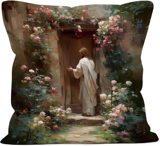 Christian Jesus Throw Pillow Covers Gifts 18x18, Vintage Religious Decor Pillow Cases for Bedroom Living Room, Cottagecore Jesus Knocking Door Decorative Square Pillowcases for Couch Bed Sofa