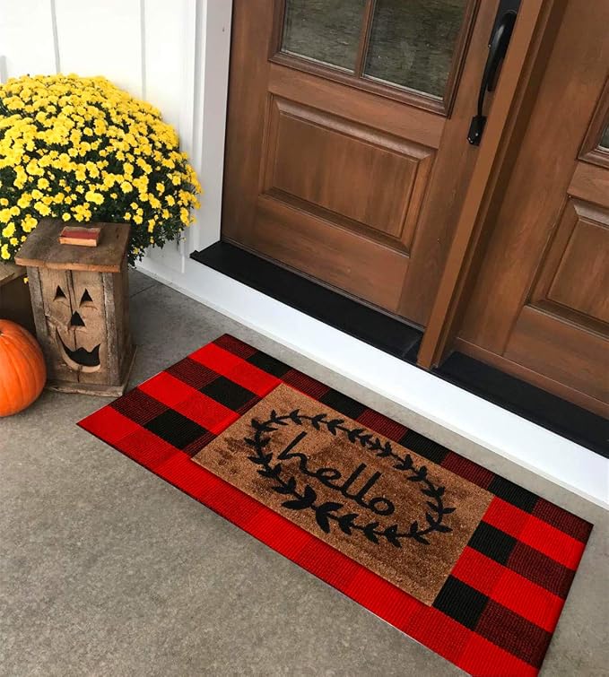 UKELER Cotton Buffalo Check Rugs Red and Black Plaid Rug Decorative Washable Kitchen Rugs Hand-Woven Buffalo Checkered Porch Rugs Door Mat, 51.2''×23.6''