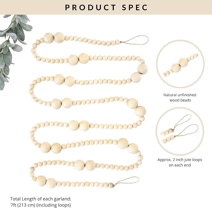 7ft Wooden Beads Garlands, Xmas Bead Garland Round Craft Bead, Wall Hanging for Country Natural Holiday Christmas Tree, Wooden Beads for Home Décor 2 Ball Design (Natural Wood)