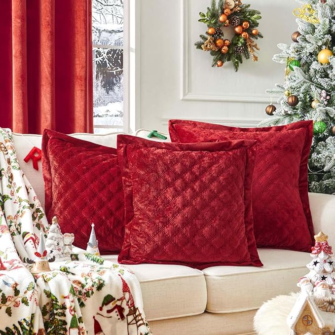 Throw Pillow Covers 18x18 Set of 2 Velvet Square Pillowcases Soft Skin-Friendly Cross Process Decorative Farmhouse Cushion Covers for Couch Sofa Bedroom Living Room,Red