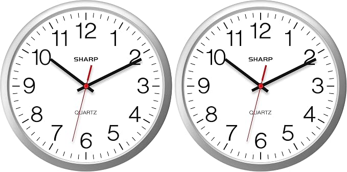 Sharp Wall Clock – Silver, Silent Non Ticking 14 Inch Quality Quartz Battery Operated Round Easy to Read Home/Kitchen/Office/Classroom/School Clocks, Sweep Movement (Pack of 2)