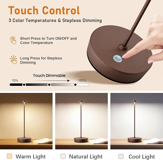 Set of 2 Cordless Rechargeable Led Table Lamp Battery Operated Light Rust