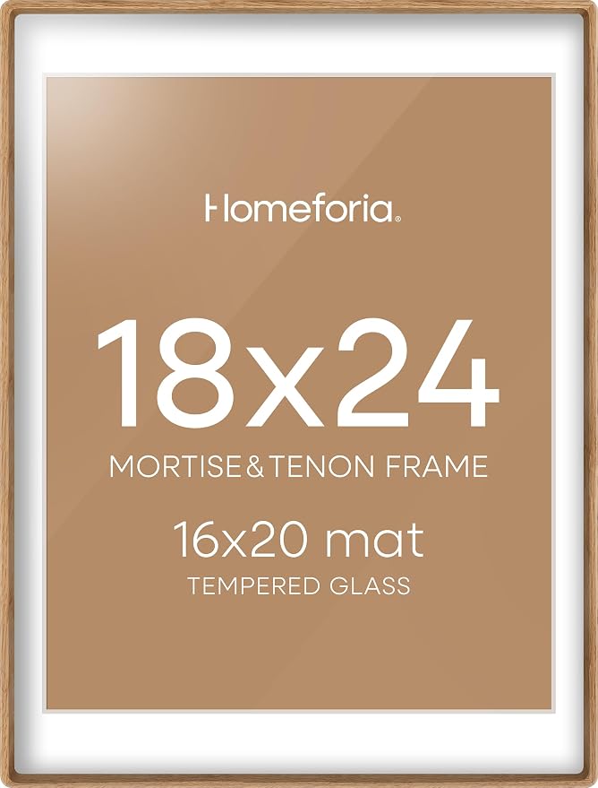 Homeforia 18x24 Mortise&Tenon Natural Oak Poster Frame, 16x20 Mat, Glass