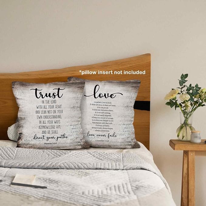 Christian Scripture Trust in the Lord Love is Patient Throw Pillow Covers 18x18 Set of 2, Bible Verse Proverbs Corinthians Decor Pillow Cases for Bedroom Living Room, Religious Pillowcases