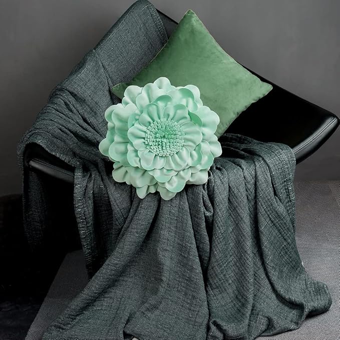 JWH Round Flower Pillow Cover with Insert Decorative Floral Velvet Pillowcase for Bedroom Bed Couch Living Room 14 Inch Mint Green