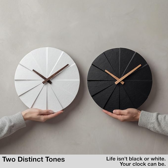 Driini Modern Wall Clock with No Numbers and Wooden Hands. White, 10.5 Inch | Silent battery operated quartz; frameless stepped polyresin face; decorative minimalist style for a living room or office.