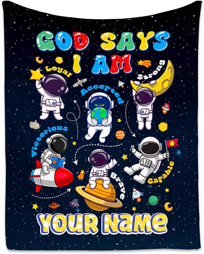 Personalized Planet Blanket, Kids Throw Blanket for Boys, Planet Gifts for Toddler Child, God Says I Am Blanket for Kids, Inspirational Gifts for Son, Soft Throw Blankets for Living Room, 60"x80"