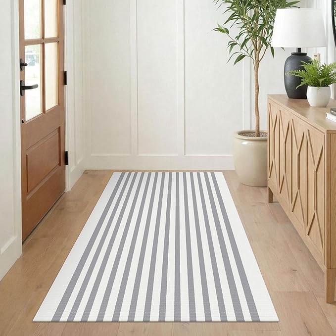 KILOCOCO Striped Rug 3x5 ft Washable Front Door Outdoor Rug, Grey White | Cotton Layered Doormats, Washable Front Porch Rug, Woven Low Pile Welcome Mat for Kitchen Entryway Farmhouse Patio