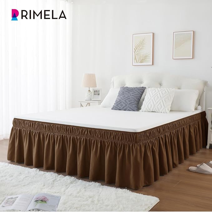 Brown Bed Skirt Full Size 15 Inch Drop, Elastic Wrap Around Bedskirt | Solid Ruffled, Easy to Use, No Mattress Lifting, Wrinkle & Fade Resistant, with Adhesive Strips, Machine Wash/Dry/Iron