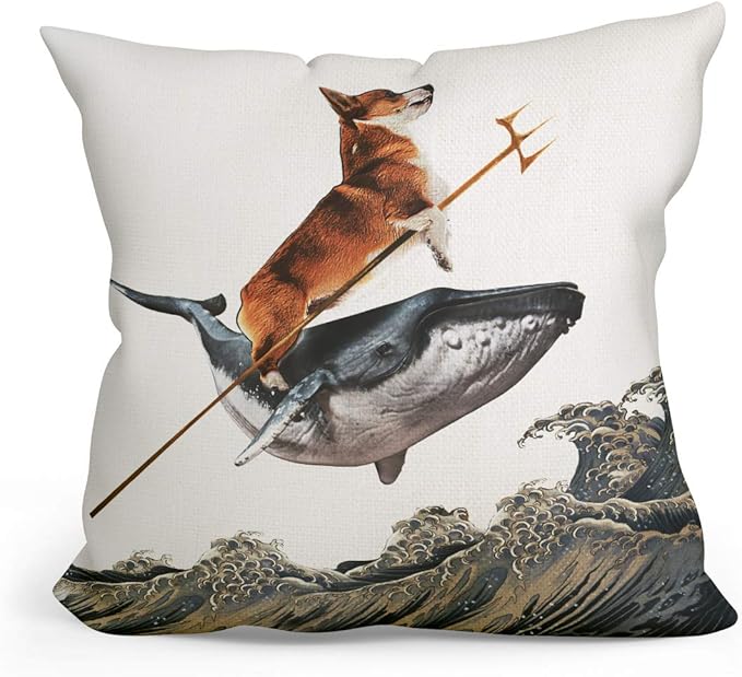 Fokongna Funny Throw Pillow Covers, Whale Corgi Pillowcase Decor, Aquadog The Corgi Rides a Whale Dog Throw White Pillowcase for Bed Sofa Living Room, Indoor and Outdoor use 18 x 18 inches