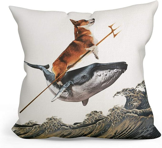 Fokongna Funny Throw Pillow Covers, Whale Corgi Pillowcase Decor, Aquadog The Corgi Rides a Whale Dog Throw White Pillowcase for Bed Sofa Living Room, Indoor and Outdoor use 18 x 18 inches