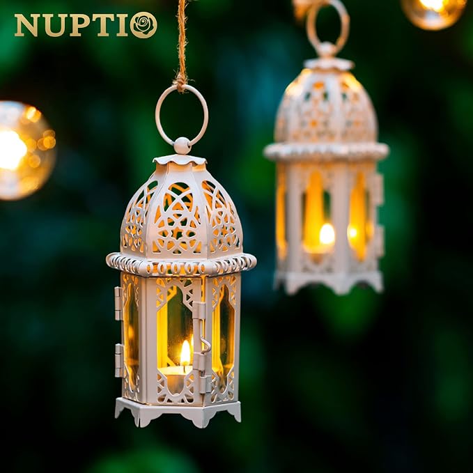 NUPTIO 6 Pcs Moroccan Style Candle Lantern - Small Sized Tealight Candle Holder with Transparent Glass Panels Great for Patio, Indoors/Outdoors, Events, Parties and Weddings, White