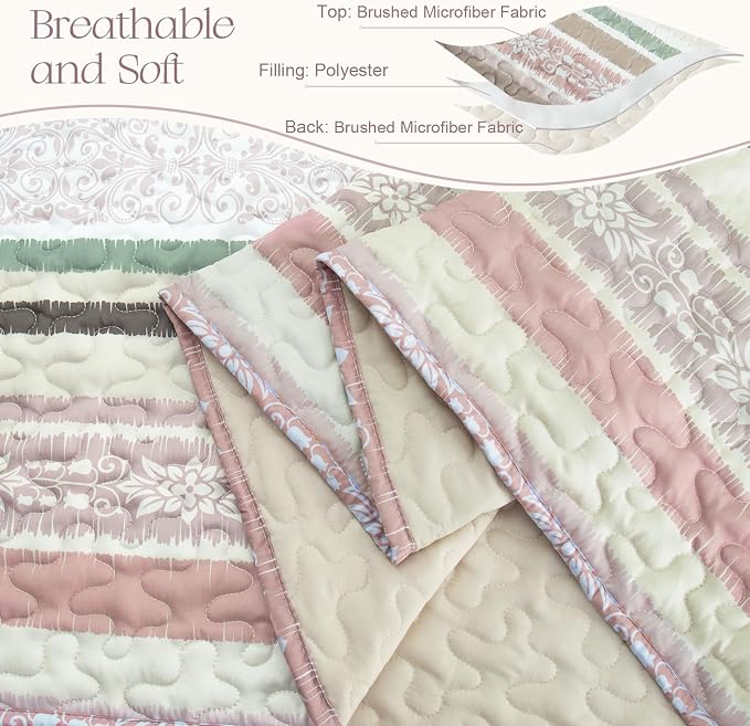 Exclusivo Mezcla Reversible Boho Quilt King Size Pink | Lightweight Soft Bedspreads, All Season Striped Coverlet Bedding Set, Printed Floral Pattern, 1 Quilt and 2 Pillow Shams
