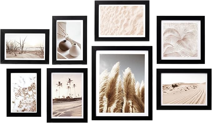 Gallery Wall Frame Set, 8 Pack Black Picture Frames, Small | Collage Pampas Grass Prints Wall Art Decor for Living Room, Entryway, Stairway, Bedroom, Assorted Size