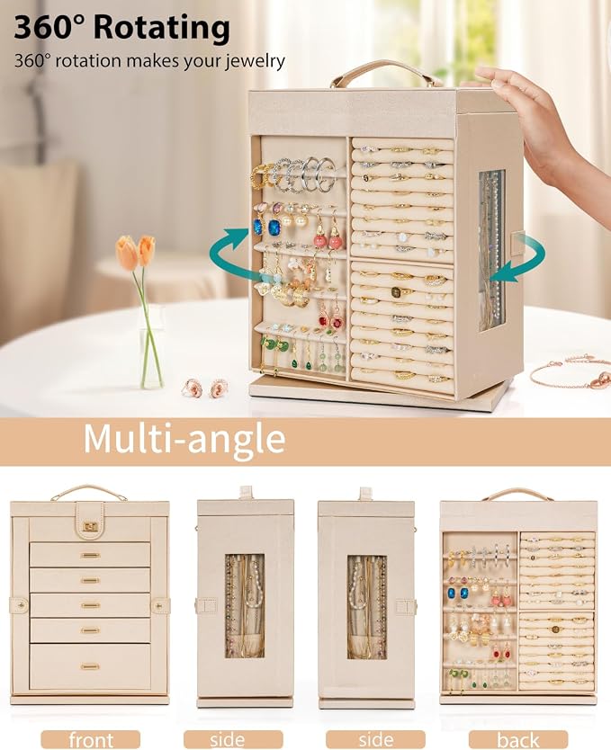 AKOZLIN 6-Tier Jewelry Box Organizer Functional 5 Drawers Leather Jewelry Storage Case for Women Girls Ring Necklace Earring Bracelet Holder Organizer with Mirror XL Champagne 360° Rotating
