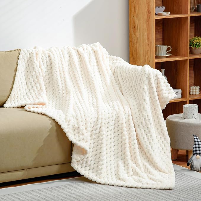 Excervent Hexagon Jacquard Throw Blanket for Bed, 60x80 Inches, Ivory | Big Decorative Fuzzy Flannel Fleece Throw Blanket for Sofa Bed Couch, Super Soft Cozy, Suitable for All Seasons