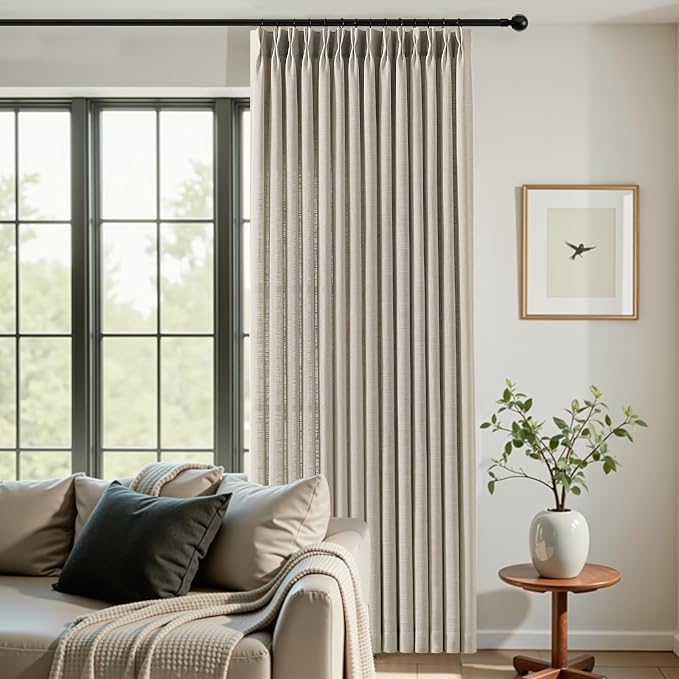 Pleated Linen Sheer Curtains 96 Inches Extra Wide Drapes Light Filtering | Pinch Pleated, Living Room, Semi Sheer, Sliding Door, Hook Rings, Non See Through, W70xL96, 1 Panels, Burlywood Birch