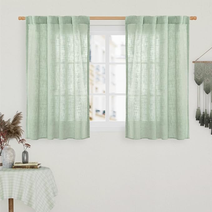 40 Inch Length Linen Curtains for Small Windows Over Silk 2 Panels | Semi Sheer, Light Filtering Panels, Rod Pocket Back Tab, Neutral Drapes for Farmhouse, Fresh Green, 34 x 40 Inch